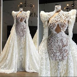 Exquisite Perlen Meerjungfrau Hochzeitskleid Stehkragen Spitze Arabisch Abnehmbarer Zug Illusion Trompete Brautkleider Robe De Soiree