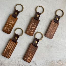 Wood Personalize BlanksKeychains For Engraving Handmade leather keychain Rectangle Wooden Luggage Decoration Key Ring DIY Thanksgiving Mother's Father's Day Gift
