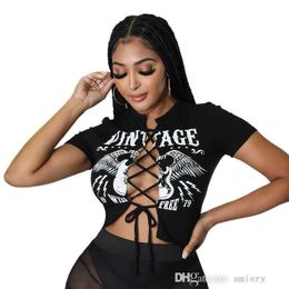 Abbigliamento da donna T-shirt a maniche corte sexy T-shirt grafiche Magliette da donna Nuova estate Scava fuori Crop Top T-shirt da donna Fasciatura Abbigliamento stampato