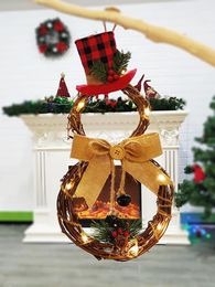 Decorative Flowers Hand-made Snowman Christmas LED Garland Hanging Decoration Home Rattan Wall Door Outdoor Wreath