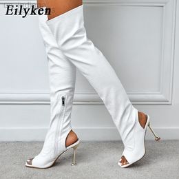 Botas eilyken novo design branco preto peep dedo de pé sobre o joelho pista de moda sexy zip womans recortados sapatos de salto alto l220916