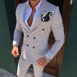 Men's Suits Fashion Plaid Men Suit 2 Pieces Slim Fit Tailor-Made Blazer Pants Double Breasted Wedding Groom Work Wear Causal Tailored