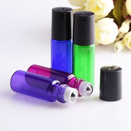 5ml Roll On Bottle Purple/Green/Blue/Rose Pink Glass Roller Vials with Metal Ball Black Lid 1200Pcs/Lot