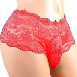 Underpants Men's Panties Sexy Lace Underwear Low-Waist Briefs Thong Bikini For Male Floral Pattern See-Through Intimates