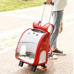Cat Carriers Pet Trolley Backpack Carrier For Portable Outside Transparent Both Shoulders Knapsack Ventilation Draw Bar Box