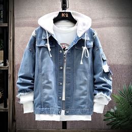 Autumn Winter Mens Denim Jacket Size S-XXXL Men's Women's Casual Hooded Jean Coats Retro Panelled Blue Fashion Streetwear Hip Hop Jackets Men's Outerwear