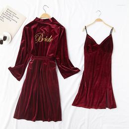 Women's Sleepwear Women's Velvet Kimono Robe Bridal Dress Bridesmaid Embroidered Pajamas Wedding Bathrobe Autumn Two-piece Pajama