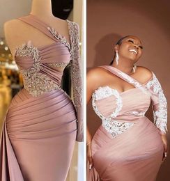 Pale Pink Arabic Mermaid Prom Dresses with Long Sleeve Lace Beaded Plus Size Aso Ebi African Evening Gown vestidos de fiesta