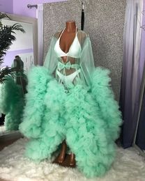Mint Green Ruffles Robes Evening Gown 2023 Illusion Long Sleeve Maternity Photography Robe Pregnant Women Prom Dress