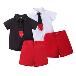 Clothing Sets Boiiwant 1-8Y Boys Gentleman Outfit Summer Contrast Color Lapel Short Sleeve Shirt Tops Necktie Pants For Baby Boy Clothes