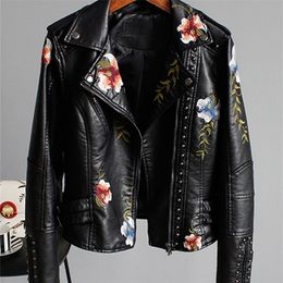 Women's Leather Faux Ly Varey Lin Floral Print Embroidery Soft Jacket Women Pu Motorcycle Coat Female Black Punk Zipper Rivet Outerwear 220919