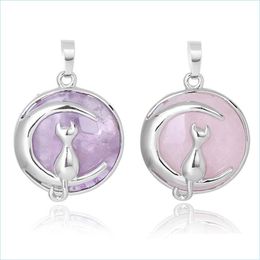 Charms Cat And Moon Natural Stone Charm Hollow Alloy Back Crystal Necklace Pendant Removable Cute Jewelry Accessories C3 Drop Deliver Dhafs