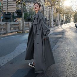 Women's Trench Coats Korean Style Loose Oversized X-Long Coat Double-Breasted Belted Lady Cloak Windbreaker Spring Fall Outerwear Grey 220919