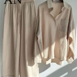 Women's Two Piece Pants 2-piece Retro Oversize Cotton and Linen Shirt Plus High Waist Slacks Suit Sweatshirt Set 220919