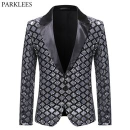 Men's Suits Blazers Silver Sequin Plaid Jacket Men Fashion Slim FIt One Button Dress Suit Male Party Wedding Stage Costume Homme 220920