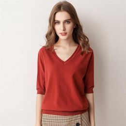 Women's Sweaters SpringSummer Ladies Sweater Pullover Solid Color Vneck Halfsleeved Knitted Cashmere Sweater Thin Casual Top 220920