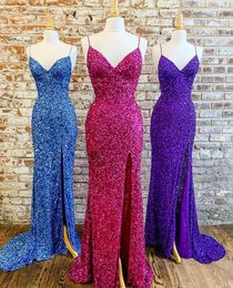 Gillter Sequins Beaded Mermaid Evening Party Dresses Fuchsia Spaghetti Sexy Slit Trumept Prom Gown Vestidos de gala