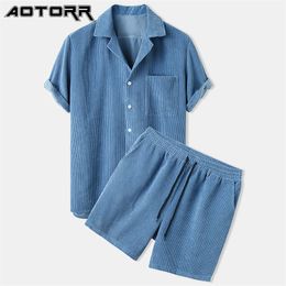 Men's Tracksuits Summer Men Corduroy Shorts Sets Fashion Lapel Short Sleeve Shirts shorts Solid Color 2 Piece Set Mens Casual Sportswear 220919