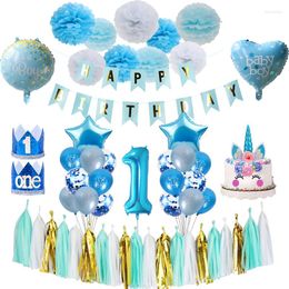 Party Decoration First Birthday Baby Boy 1st Banner Balloon Crown 1 One Year Old Shower Decor Supplies