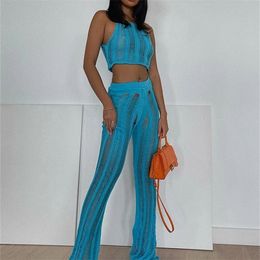 Women's Two Piece Pants KLALIEN Women Tracksuit Fashion Sexy See Through Crop Top and Flare Set Female Streetwear Y2K Activewear Suit 220919