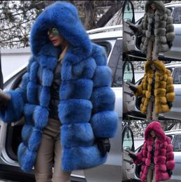 Women Faux Leather Winter imitation fox fur hooded mid-length coats casual fashion street Multi-color solid colour Outdoor warmth long sleeve plush coat size S-4XL