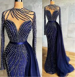 Plus Size Arabic Aso Ebi Navy Blue Prom Dresses with detachable train Beaded long sleeve Mermaid Lace Evening Second Reception Gowns Dress