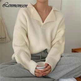Women's Sweaters Lenmemsen Oversized Loose Elegant Knitted Sweater Women Solid Turndown Collar Pullovers Female Casual Thick Autumn Winter Tops 220920