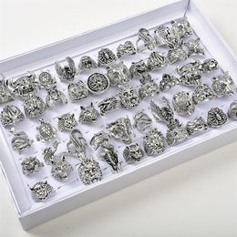 Whole 50pcs Lots Vintage Punk Animal Mix Owl Tiger Dragon Eagle Etc Style Antique Silver Personality Jewelry Rings For Men Women282o