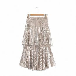 -Skirts Ltd1198267 2022 Sequints Paillette Midi Women Zipper Lady Shiny Flash Patchwork Cascade vestidos w6ww#