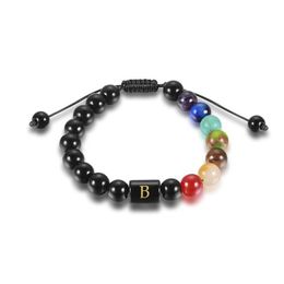 Beaded Strands 7 Chakra Letter Strands Bracelets Initial Natural Black Onyx Stone Bead Bracelet Braided Rope Yoga Energy Healing For Dhdtm