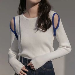 Women's Sweaters Lucyever Off Shoulder Knitted Sweater Women Autumn Round Neck Hollow Out Pullovers Woman Korean Long Sleeve Jumper Ladies 220920