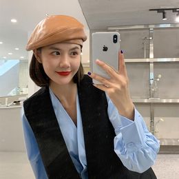 Berets Wholesale Fashion 2022 Hat Genuine Leather Beret Women 4 Panels Cap Female French Ladies Solid Sheepskin