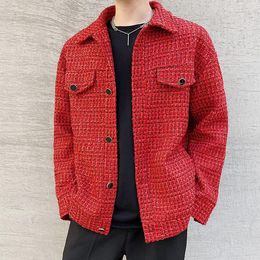 Men's Jackets Men's Woven Shiny Silk Woolen Jacket Men Vintagte French Vintage Fashion Chic Loose Casual Red Male Korean Streetwear