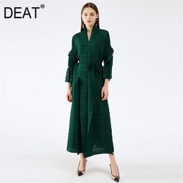 Women's Trench Coats DEAT Autumn Fashion Pleated Coat Solid Full Sleeve V-neck Loose Elegant Long Length Sashes Slim Ruffles TX803 220919