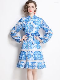 Casual Dresses Fashion Hollow Out Loose Lace-Up 2022 Autumn Long Sleeve Vintage Blue And White Porcelain Print Mermaid Dress Vestidos