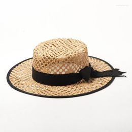 Wide Brim Hats Elegant Women Summer Hat Crocheted Packable Raffia Ribbon Bowknot Lady Sun Beach Handmade Straw Wedding Fedora