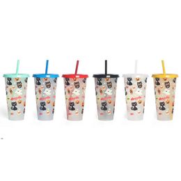 24OZ Halloween Color-Changing Water Tumblers Cold-Changing Drink Straw Cup Fruit Tea PP Temperature-Sensitive Plastic Cups JJLB15562