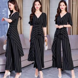 Women's Tracksuits Female Black And White Striped Suit 2022 Summer Irregular Top Wide Leg Pants Elegant Woman Blouse Set DD2109