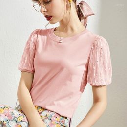 Women's T Shirts Women's T-Shirt Mesh Puff Sleeve Shirt Women 2022 Summer Tops Cotton Patchwork Womens Ladies Clothes England Style Tee