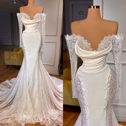 Gorgeous Boho Mermaid Wedding Dresses Bridal Gown Lace Off The Shoulder Long Sleeves Beaded Satin Plus Size Sweep Train Custom Made Beach Vestido De Novia 401 401