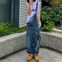 Men's Jeans Men's Ink Jet Pu Leather Letter Embroidery Loose Overalls Mens And Womens Retro Harajuku Casual Denim Trousers Oversized