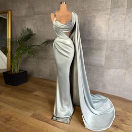 Silver Prom Dresses Satin Sleeveless Cape Spaghetti Straps V Neck Appliques Shiny Sequins Evening Dresses Side Slit Floor Length Party Gowns Plus Size Custom Made