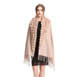 Scarves ZY87001 Fashion Womens Autumn Winter Wool With Rabbit Fur Pompon Warm Tassel Shawl Scarf Wrap 25 Colours Free 220920