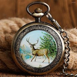 Pocket Watches Bronze/Silver Elk Display Hand Winding Mechanical Watch Retro Roman Numeral Antique Manual Mechanism Clock