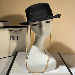 Berets Black Cap Female British Wool Hat Fashion Party Flat Top Chain Strap And Pin Fedoras For Woman Punk Street-style RH