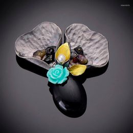 Brooches IYOE Antique Metal Pins And For Women Black Bouquet With Natural Stone Vintage Brooch Fashion Casual Party Jewellery