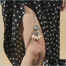 Belly Chains Bohemian Natural Green Stone Shell Pendants Leg Belly Chains For Women Double Layer Sier Color Metal Chain Thigh Body Je Dh0Kg