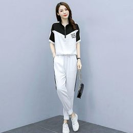 Running Sets Summer Suit For Women Sports Leisure 2022 Korean Stand-Up Collar Splicing Temperament Fashion Sweater Pants Two Pieces