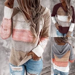 Women's Sweaters Autumn Women Patchwork Hooded Sweater Long Sleeve Vneck Knitted Sweater Casual Striped Pullover Jumpers Female Hoodies 220920