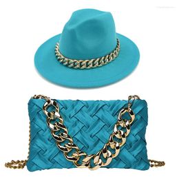 Berets Fedoras Hat Two-piece Set For Women Oversized Chain Accessory Bag Fashion Luxury Ladies Lake Blue Wide Brim